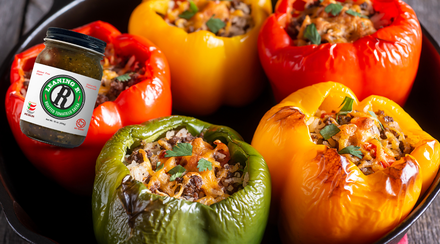 ROASTED TOMATILLO SALSA STUFFED BELL PEPPERS – LEANING R Salsa
