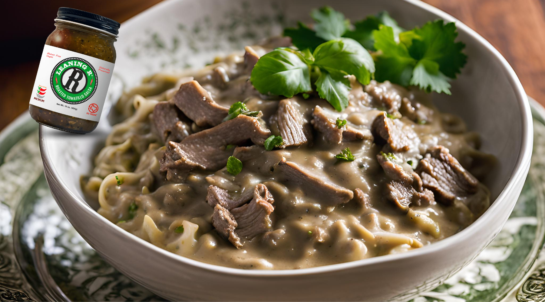 Roasted Tomatillo Salsa Beef Stroganoff Comfort – LEANING R Salsa