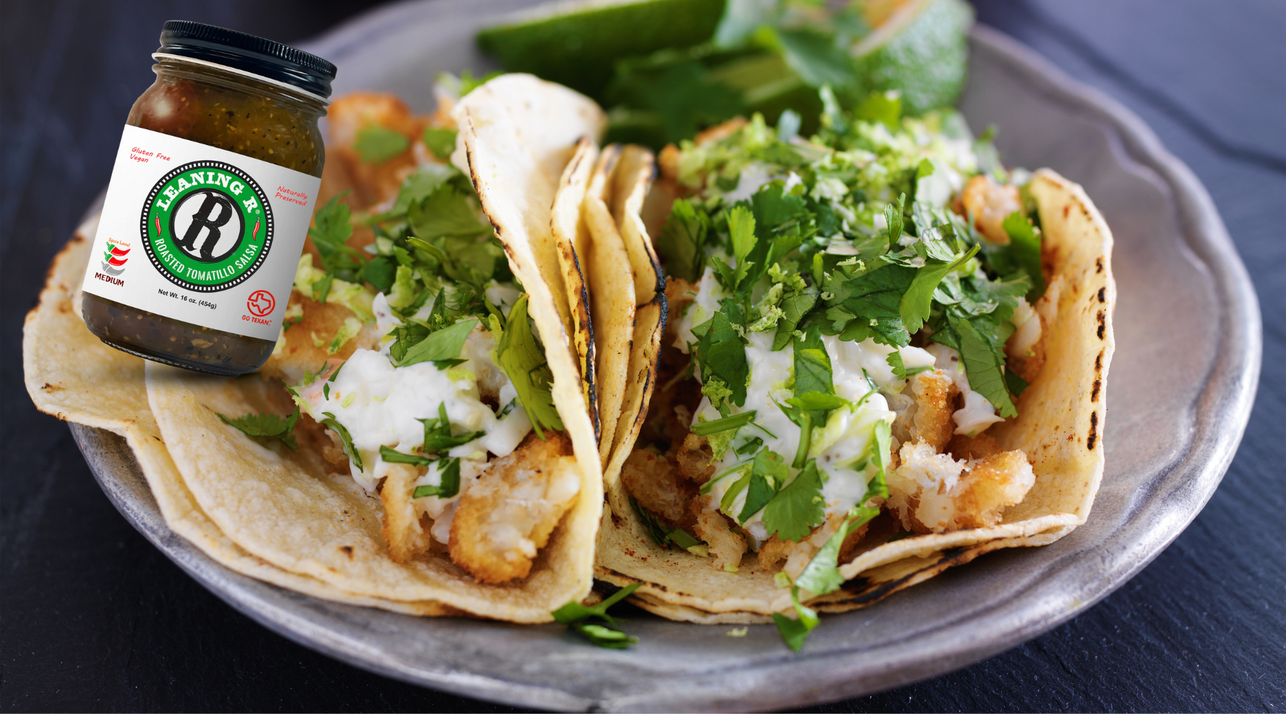 Roasted Tomatillo Salsa Fish Tacos – LEANING R Salsa