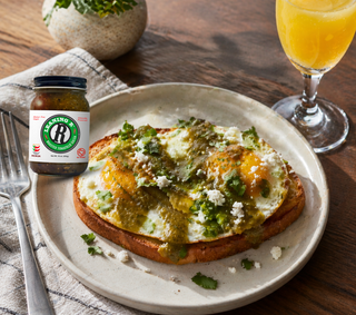 Roasted Tomatillo Huevos Toast